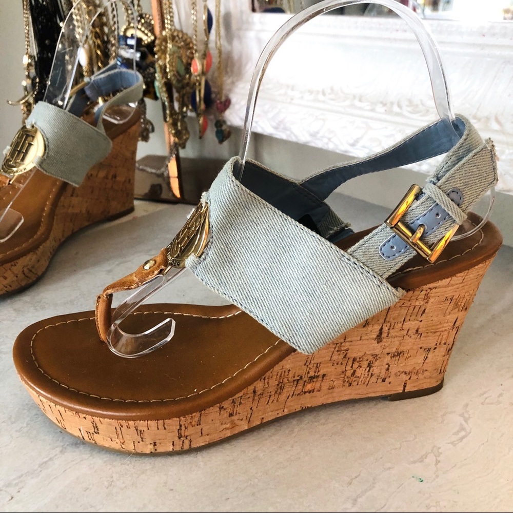 Tommy Hilfiger Light Blue Denim Cork Wedge Sandals